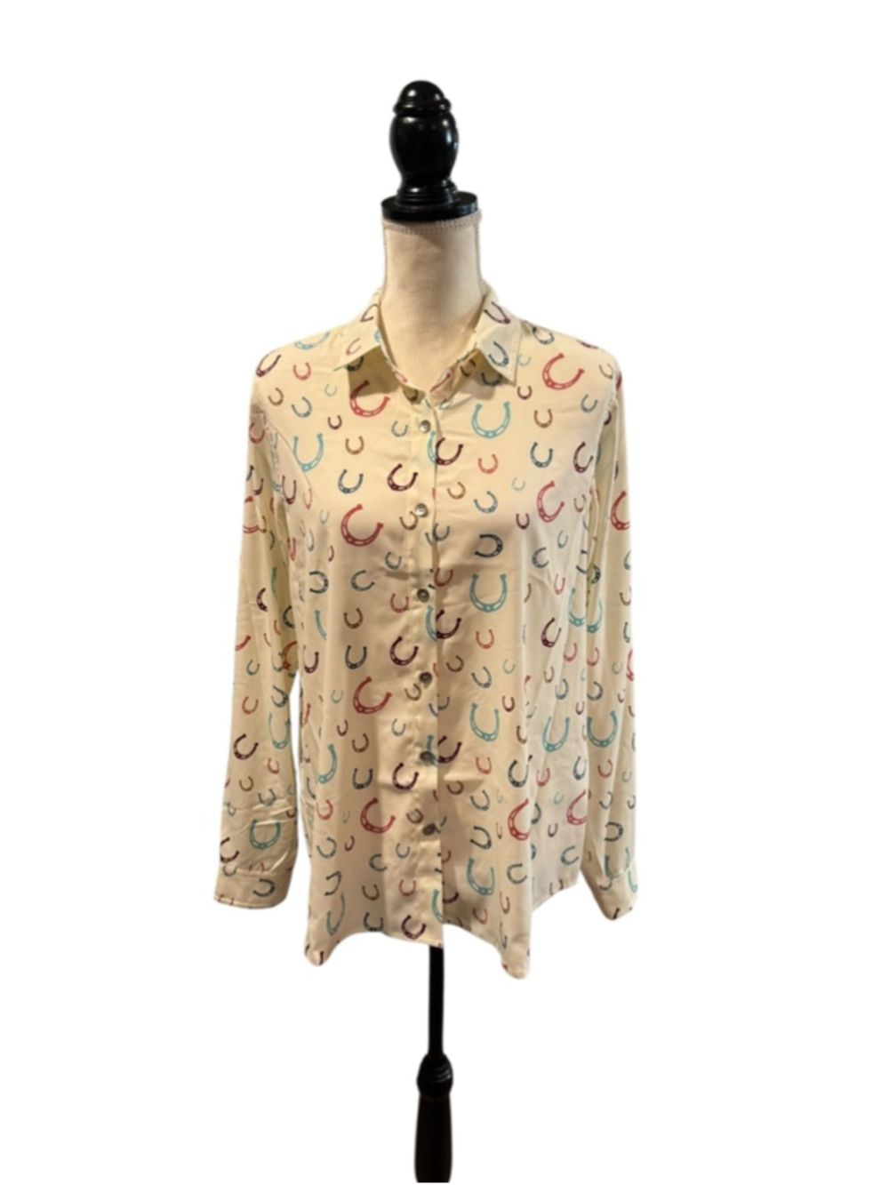Women's ARIAT Cream Multicolor Horseshoe Button Down Shirt M